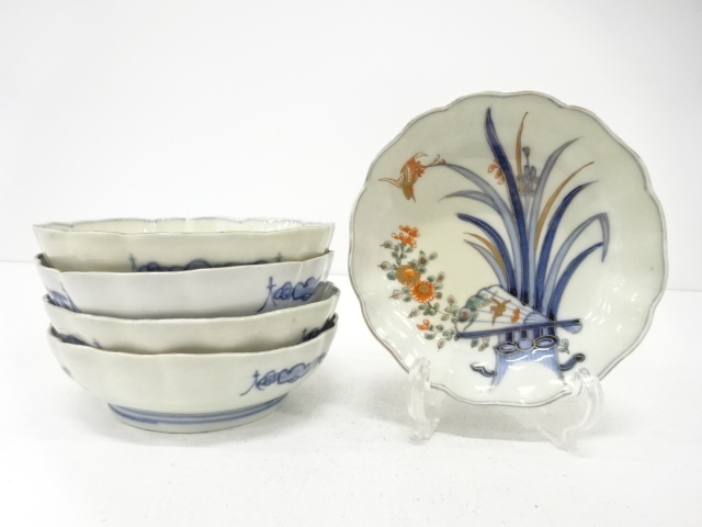 古伊万里　染付赤絵　鶴に花　なます皿　5客揃